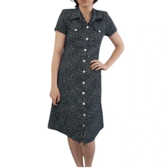 90s Vintage Byer California Womens sz 7 Black Floral Collared Button Midi Dress - Picture 2 of 6